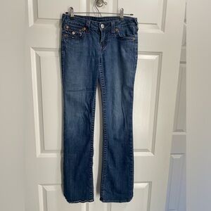 True Religion boot cut jeans with red thread embroidery on back pockets